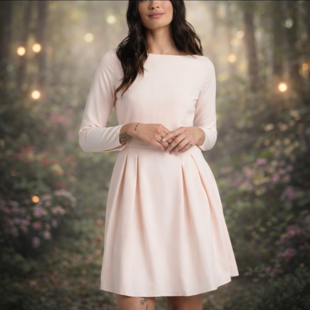 Modcloth Pastel Pink Print Slit Cut Out Back A-Line Long Sleeve Dress Sz M